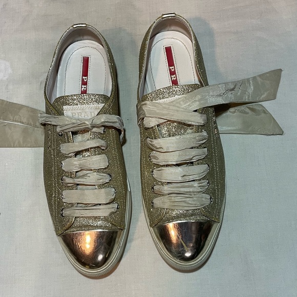Gold Glitter Pyrite Prada Sneakers 38 1/2 - Picture 1 of 6